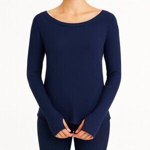 Feel the Piece Blue Waffle Knit Thermal Top Boatneck Thumb Holes Made USA M